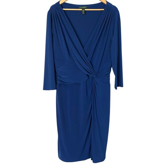 Lauren Ralph Lauren Faux Wrap Midi Dress Women's Size 14W V-Neck Sapphire Blue - Picture 2 of 7